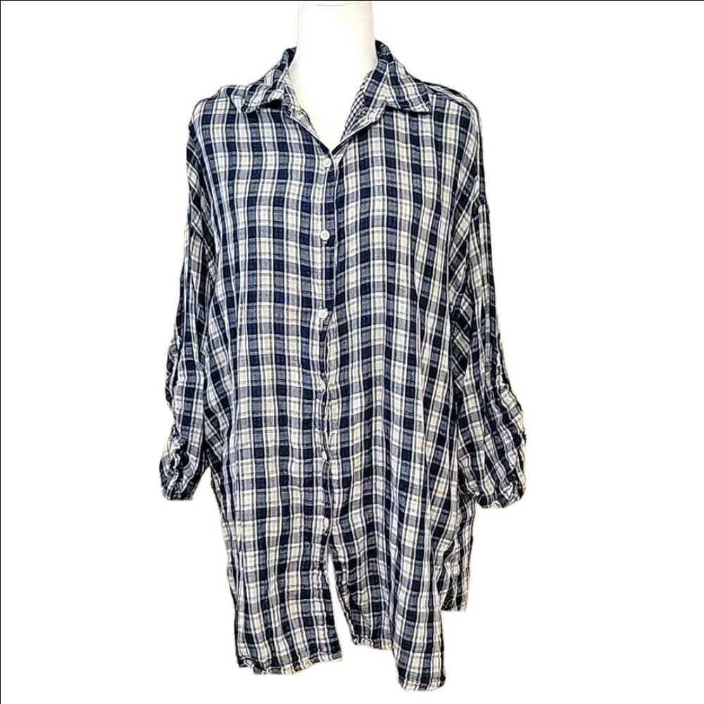 Max Studio Plaid Button Down Long Boho Top Large